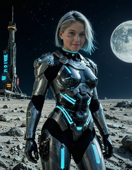 <lora:extremely_detailed:0.4> extremely detailed, <lora:moon_surf4c3_v2:1>,looking at viewer, 
A woman,white hair, standing on the surface of the Moon,moon surf4c3, dressed as a cyberpunk warrior. The woman has short silver hair with subtle neon blue highlights, slightly floating as if in low gravity. She is wearing a sleek, futuristic cyberpunk armor suit made of glossy black metallic plates and synthetic fabric, illuminated by glowing neon blue and purple accents. Her armor includes visible circuits, cables, and a partial exoskeleton on her arms and legs. She wears reinforced boots with miniature thrusters.
Her expression is determined, with a faint hint of battle scars on her face and subtle cybernetic makeup that reflects light. She holds a futuristic energy sword in one hand, the blade glowing with a translucent electric blue aura. On her left wrist, a holographic interface is projected, showing futuristic graphs and symbols.
The surface of the Moon around her is rugged and gray, covered with craters and scattered rocks. In the background, the Earth appears large and vibrant in the sky, showcasing its blue oceans and green continents. The blackness of space surrounds the scene, filled with sparkling stars. Some abandoned robotic structures or antennas are visible in the distance, adding a sense of mystery.
The lighting is a mix of cold silver moonlight and glowing reflections from her armor and weapon, creating a futuristic sci-fi atmosphere. The image is highly detailed and photorealistic, inspired by modern science fiction artwork. The dominant colors are silvery grays, neon blues, purples, and black metallic tones.<lora:SDXLFaeTastic2400:0.4>, Masterpiece,best quality,hi res,8k,hi res,8k,award winning,(sharp focus, intricate, highly detailed),