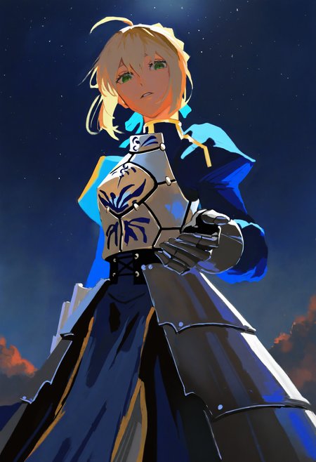 painterly, saber \(fate\), artist:[ruanjia|1473ex|yoneyama mai|cursedweeboo|daodtt|diao \(nrays\)|ravine bells], 
1girl, blonde hair, solo, faulds, juliet sleeves, armored dress, upper body, breastplate, standing, blue dress, hair ribbon, braided bun, blue ribbon, single hair bun, parted lips, short hair, greaves, green eyes, looking down, looking at viewer, french braid, hair between eyes, long dress, dark, backlighting, offering hand, foreshortening, pov, from below, night sky, 
newest, impasto, brushstroke, impressionism, chiaroscuro, oil painting \(medium\), newest, absurdres, masterpiece, very aesthetic