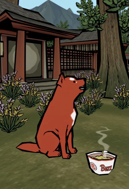 Amaterasu, Okami, okami style, hungry, stomach growling, in an ancient Japanese garden, sitting in front of a dog bowl that has "Buzz" written on the side