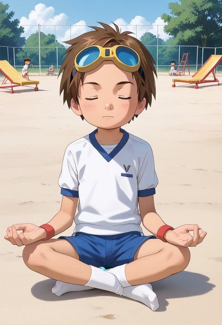 score_9, score_8_up, score_7_up, zPDXL2, 
,
1boy, solo, goggles on head, brown hair, jyojifuku, white shirt,  short sleeves, shorts, gym uniform，playground,hud_m3dit4tion, indian style, sitting, on floor, , , facing viewer, , closed eyes,