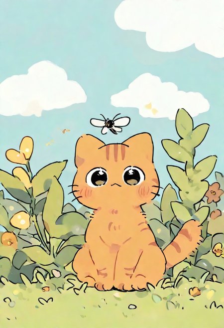 (cat:1.2), orange cat, (no humans:1.1), (cute:1.2), solo,
paws, fur, 1cat,
sitting, 1 paw up, concentrated, fly, playfull, OO,
day, looking at fly, playing with fly, outside, plants,
 \(seedyoulater\), naguru \(cyoroama\), 
very awa, masterpiece, highres, absurdres, newest
<lora:TA_trained:0.75>, chibi, <lora:ponyv4_noob1_2_adamW-000017:0.33>, <lora:shiroski:0.75>,
