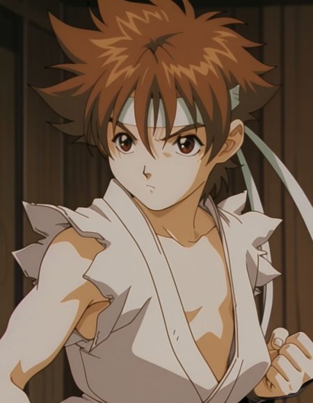 masterpiece, best quality, 1boy, solo,  <lora:Shun_Ikari:1>, sh0n, 1990s \(style\), brown hair, short hair, hair between eyes, anime coloring, brown eyes, dougi, open clothes, white karate headband, flat chest, upper body, fighting stance,