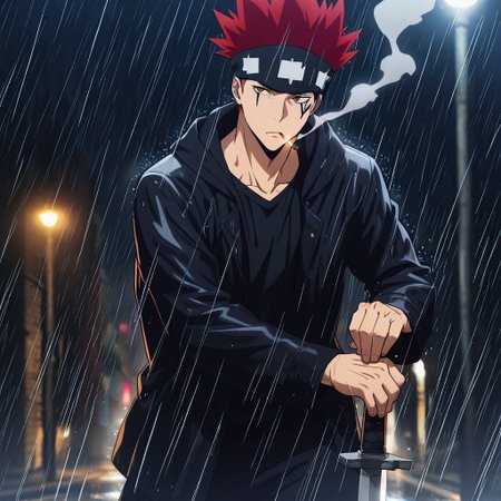 masterpiece, best quality, amazing quality, absurdres, newest, detailed background, definition so sharp, Ultra-HD, 8K cinematic, very awa, impressionate, amazing quality, highres, 
solo, male focus, manly, 
1boy, d0tb_red hair, d0tb_brown eyes, d0tb, spiked hair, facial tattoo, headband, smoking, smoke,
serious expression, hand on sword hilt, protective stance, looking to side, rain, night, streetlights, cool, determined, hot-blooded, watchful