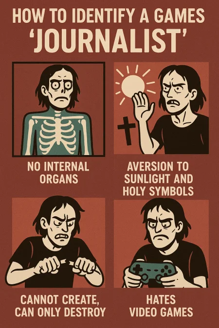 infographic on how to identify a games "journalist". signs are, no internal organs, (x ray graphic), aversion to sunlight and holy symbols, cannot create, can only destroy, and hates video games