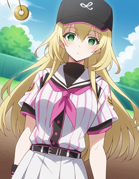 score_9, score_8_up, score_7_up, source_anime, <lora:yuki-nozaki-s1-ponyxl-lora-nochekaiser:1>, yuki nozaki, long hair, blonde hair, hair between eyes, green eyes, sidelocks,, skirt, shirt, hat, short sleeves, pleated skirt, striped, belt, sailor collar, neckerchief, black headwear, white skirt, baseball cap, vertical stripes, black belt, striped shirt, sportswear, vertical-striped shirt, baseball uniform,, village, houses, community, rural, farms, , <lora:pendulum-ponyxl-lora-nochekaiser:1>, pendulum, holed coin, coin on string, hypnosis, mind control, coin, @ @,, looking at viewer, solo,, dutch angle, cowboy shot