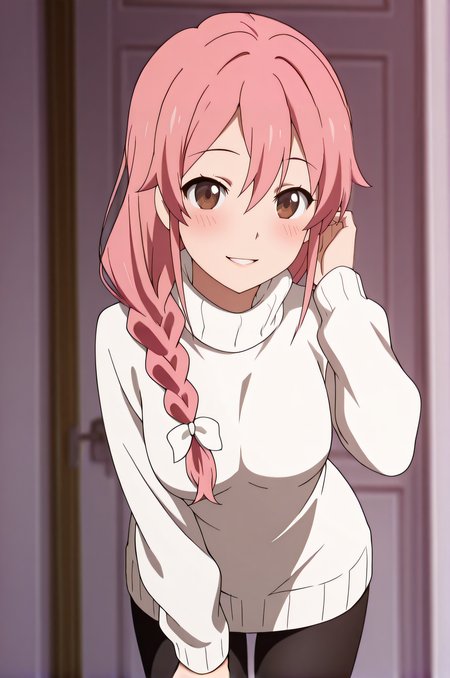 masterpiece, best quality, highres, newest, 1girl, solo, official style, anime screencap, <lora:Subaru_Mom:1>, subarumother, pink hair, hair over shoulder, hair bow, braid, brown eyes, white sweater, turtleneck, medium breasts, black pantyhose, looking at viewer, smile, indoor, cowboy shot, parted lips, blush, hand on hair