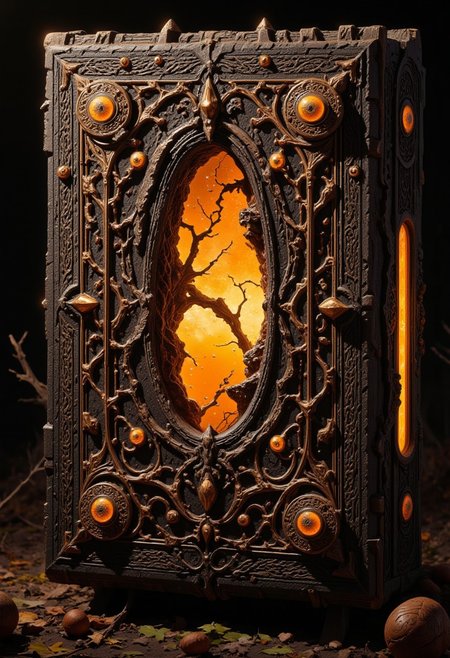 This grimoire has a cover made of rough, cracked wood that seems to be harvested from a cursed tree. The gnarled surface is darkened by age, with deep grooves filled with glowing amber resin that pulses gently with magic. Its edges are lined with crumbling bronze filigree, and the scent of crisp autumn leaves hangs in the air. As you touch the cover, the forest seems to hold its breath, the branches creaking in the wind as if the trees are watching.
Etched on the cover is the following text: “Roots of the Hollow, Shadows of the Harvest Moon.”
, live action, in the style of an old 80's VHS dark fantasy, VHS screen grab, grainy, old footage, in the style of an old 80's VHS dark fantasy, VHS screen grab, grainy, old footage