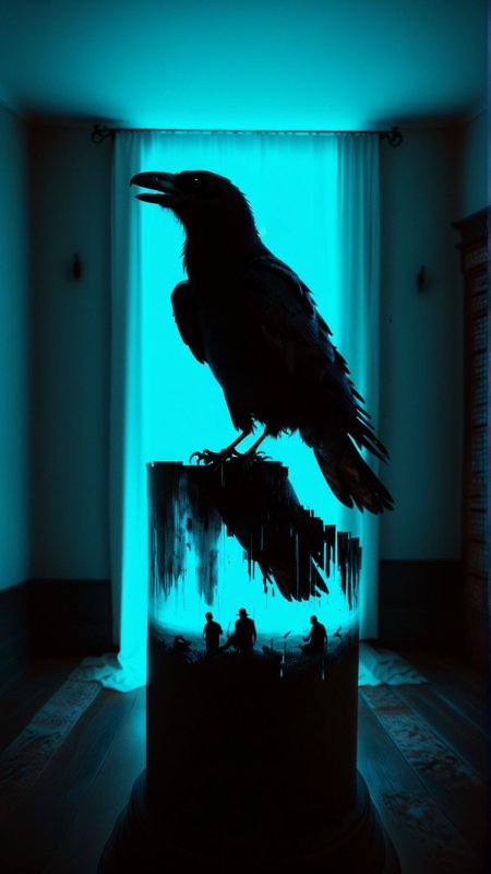 A conspiracy of ravens discovers the secret to immortality hidden within the ink of ancient manuscripts and embarks on a quest to uncover the truth. 
(dark shot:1.2)
(optical effect, glitch art, glowing, layered effects:1.2)
 <lora:xray:2>