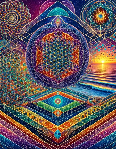 Masterpiece psychedelicv2lora, colorful, scenery, seaside, geometric patterns, sacred geometry . Exquisite detail, flawless composition, high-resolution, stunning quality