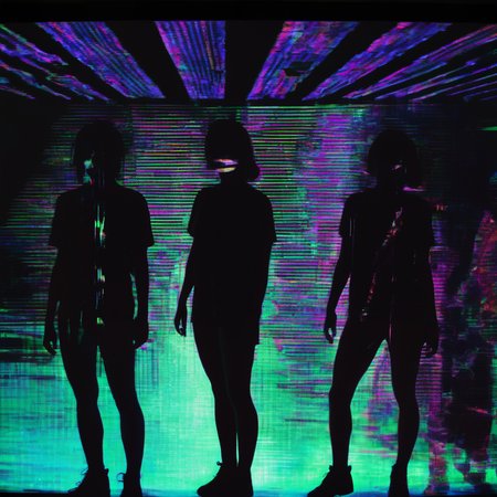 <lora:CorruptedOutputXL:0.8>, CorruptedOutputXL, people in a dark room, dancing, distortion, glow, static, glitch art