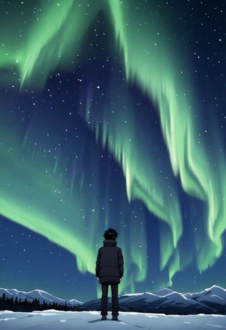high resolution, solo, best quality, 1Boy, Kazuto Kirigaya, Black Hair, Black Eyes, winter, Northern Lights, Stargazing, OverallDetail