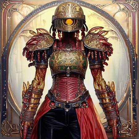 Bionic Woman,1girl, looking at looking at viewer, Heavy  braids, yellow eyes || helmet, o-ring top, red sarong, black shorts, shoulder armor, monster girl, 1girl, monster girl, gradient, colored skin, solo, covered eyes,, ultra detailed, masterpiece, best quality, aesthetic, detailed,
ArsMJStyle, Art Nouveau