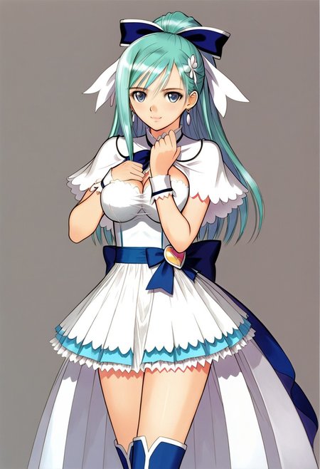 (hand on waist, hair bow, cureange, large breasts, wide hips, aqua hair, shiny hair,,, BREAK hair ornament, dress, jewelry, earrings, boots, wrist cuffs, makeup, capelet, white dress, short dress, magical girl, lipstick, blue footwear, layered dress,,, smile,) thigh-highs, 1girl, best quality, cowboy shot, seductive smile, tony taka, Overall Detail, (slim, contrapposto, standing, earrings, looking at viewer, young-adult), white stocking, large breast, tony taka, negative hand, Fix hand