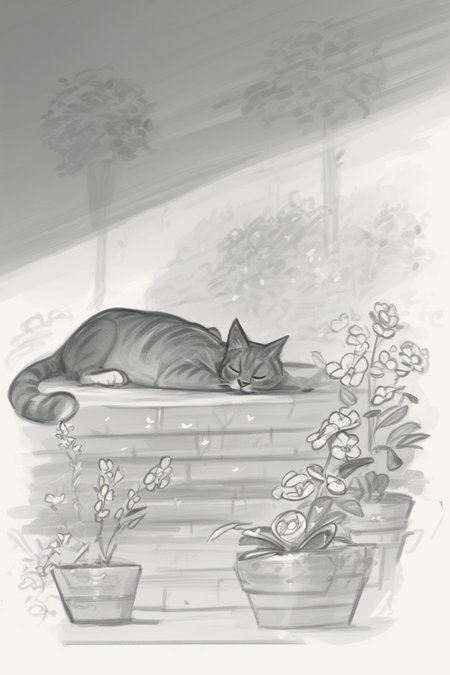 score_9, score_8_up, score_7_up, masterpiece, high quality, BREAK
 <lora:Calamari CakesStylePonyLyco:1> monochrome, greyscale, solo, drawing, sketch, silent comic, simple background, a cat sleeping in a garden, trees, flowers