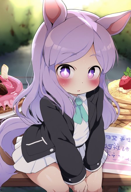masterpiece, hyper detailed, best quality,(furry:1.3),mejiro mcqueen \(umamusume\), 1girl, long hair, animal ears, purple eyes, horse ears, horse girl, purple hair, tail, horse tail, looking at viewer , food, blush, black skirt, skirt, ribbon , ear ribbon, outdoors, solo focus, long sleeves, frills, jacket, bangs, sitting, parted lips, aqua ribbon, black jacket, aqua bow, pleated skirt, solo tie, blue bow, strawberry  ,<lora:DAGASIXLlokr8f-000188:0.95>