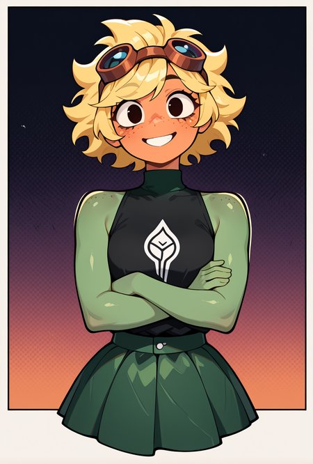 <lora:solarflare-09:1> solarflare, blonde hair, 1girl, goggles on head,  short hair, black shirt, freckles, dark green skirt, ((anthro )),green skin, turtle neck, , green skirt, spikey hair, big smile, teeth,  orange face, , green neck,  sleeveless, pose, no ears, earless,  shirt print, shirt over skirt, big anthro hands, flat hands, round face, circular face,  no humans, monster girl, , smile,  crossed arms,, masterpiece, best quality, amazing quality, very aesthetic, absurdres, newest,, upper body, halftone effect, white borders, abstract background:1.2,