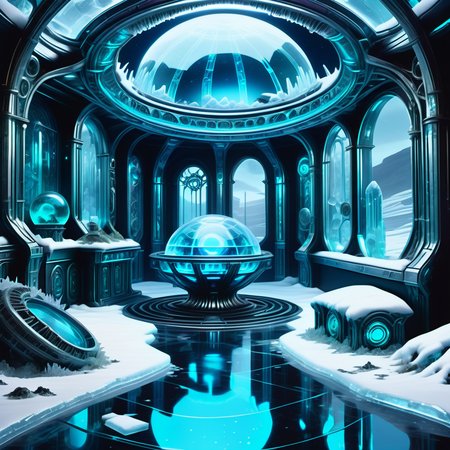 hyper detailed masterpiece, dynamic realistic digital art, awesome quality,DonMFr0stP4nkXL coven of the silver moon, rubber flooring,andesite stone,vinyl siding, bio-luminescent algae,bioluminescent organisms, downlighting,snow, ice  <lora:DonMFr0stP4nkXL-000006:1>