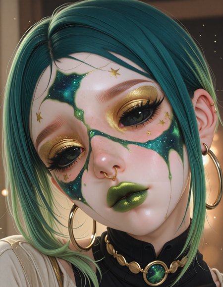 (atmosphere, masterpiece, high_quality, absurdres, very aesthetic, blurry_background, grainy_texture, film_grain, light particles textured clothing, textured hair, blending)
(GM-Illu, nose_ring, black_sclera, galaxy_eyes, lip_ring, makeup, lipstick, green_lips, gold_eyeshadow, white_skin, green facepaint and gold facepaint, paint_splatter, dripping, blush, pale_skin, 1girl, solo, jewelry, green hair, earrings, portrait, looking at viewer, green lips, close-up, black eyes, makeup, lips, closed_mouth, lipstick, hoop earrings, eyelashes)