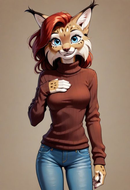 digital_media_(artwork) hi_res, score_9, score_8_up, score_7_up, score_6_up, source_furry, rating_safe, anthro, furry, female, furry female, detailed textured fur, fur tufts, lynx, red hair, blonde brown fur, spots, beautiful blue eyes, medium breasts, covered breasts, slim, slender, turtleneck sweater, denim jeans, smile, SFW, TottotoneroTP,