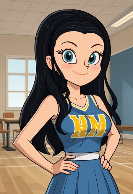 ((room background)),score_9, score_8_up, score_7_up,score_6_up, 
1girl, solo, Kelly_KB, light skin, blue eyes, black hair, long straight hair, blue cheerleading top with design, blue cheerleading skirt, white flat shoes, big eyes, cute, tall stature, social smile, perfect eyes, perfect smile, looking at the viewer, detailed eyes, perfect eyes, standing, big breasts (front pose, front view, bust shot) five fingers, perfect hands, hands on hips