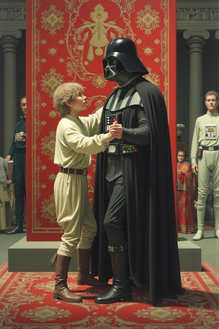 jeanleonhuens1 illustration.
Luke Skywalker dancing with Darth Vader inside the Emperor's Throne Room
  <lora:jeanleonhuens1_ap_d6a3e12:1.0><lora:844829138377291938:0>