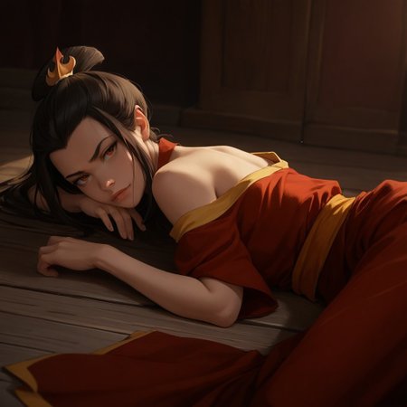 score_9, score_8_up, score_7_up, score_6_up, score_5_up, score_4_up, rating_safe, 1girl, AzulaFire, sexy pose, laying on side, loose red robes, exposed shoulders