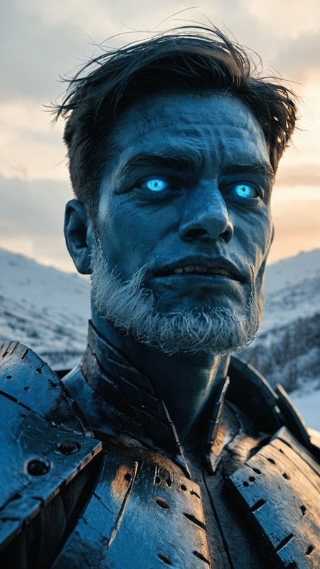 score_9, score_8_up, score_7_up, score_6_up, flmgr, DRKDL, film grain, cinematic, solo, dark, blue theme, undead, male, white beard, evil smirk, creature, angry, portrait, blue glow veins, landscape background, plate armor, snow, glowing eyes, realistic, <lora:FLMGR-R:.6>, <lora:DRKDL-R:.45>, <lora:cultistexl-000005:.65>