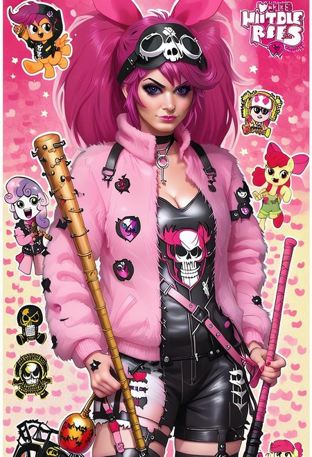 score_9, score_8_up, score_7_up, applebloom, sweetie belle, scootaloo, 3 girls, trio, biker clothes, black bandana with skulls,  spiky hair on scootaloo, puple onesie blue and pink stipes, pink star tatoo, pink onesie green stripes, human 18yo, balck onsie on applebloom with white stars, applebloom holding black spiked baseball bat, holding a molotov cocktail, holding a electric whip, looking menacing, perfect face, perfect hands,
General
 thighhighs 1.2), very fuzzy, (detailed background),