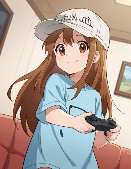 score_9, score_8_up, score_7_up, source_anime, <lora:platelet-s1-ponyxl-lora-nochekaiser:1>, platelet, long hair, brown hair, brown eyes,, shirt, hat, short sleeves, boots, white headwear, blue shirt, flat cap,, living room, video game, controller, competitive, fun, afternoon, smile, looking at viewer, arm bent at elbow, solo,, cowboy shot, dutch angle