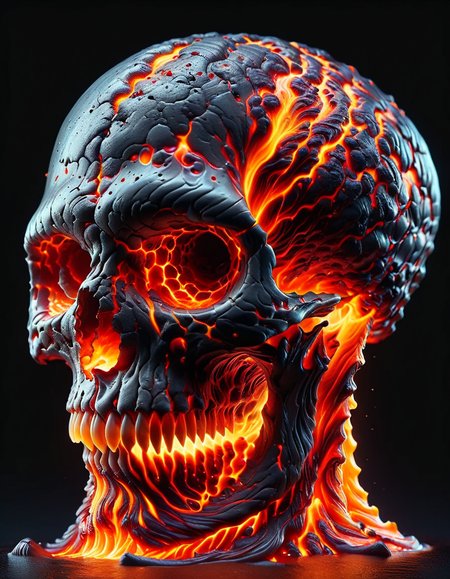 extremely Detailed lava pouring out of a skull, Anti-Aliasing, FXAA, De-Noise, Post-Production, SFX, insanely detailed & intricate, hypermaximalist, elegant, ornate, hyper realistic, super detailed, noir coloration, serene, 16k resolution, full body <lora:ral-lava-sdxl-v2:1> ral-lava