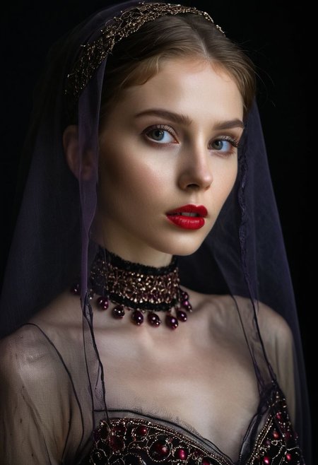 A professional (fashion photo photography:1.2),a  (studio portrait:1.2),showing (surrealistic style:1.1),(black purple gradient background:1.2),(exaggerated character movements:1.5),against glass,(masterpiece, best quality:1.4), perfect body,  long hair, brown hair, brown eyes, parted lips, , detailed skin,model photoshoot, long bob-cut hair, shiny oiled skin, pale skin,  pale white skin, shiny oiled skin, pale skin, realistic eye and face details), hyperrealism, very slim,  4k HDRvaporwave style Ultra High Resolution, wallpaper, 8K,Rich texture details, hyper detailed, detailed eyes, detailed background, dramatic angle,Ultra High Resolution, wallpaper, 8K,Rich texture details, hyper detailed, detailed eyes, detailed background, wearing translucent veils, elegant profile pose, dark photography, dramatic lighting, black background, deep shadows, chiaroscuro, (old russian folk light dress red ornaments:1.1) slim elegant russian girl folk hairstyle halo above head (icon style:1.2) choker, make-up photography by (Ethel Warwick:1.3), modelshoot, pose, , (Ethel Warwick: 1,2) award winning photo macro shot  dramatic lighting,philosophical dimensions,NIKON Z9,35mm,f/1.2,RAW format,stark composition.,(muted tones:1.2),award winning photo,(dream-like quality:1.2),