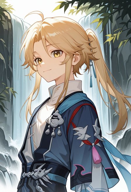 masterpiece,best quality,amazing quality, source_anime, 
Yanqihonk, 1boy, male focus, solo, waterfall, yellow eyes, smile, upper body, blonde hair, long hair, ponytail, chinese clothes, shirt, white shirt, kimono, blue kimono, tassel, , obi