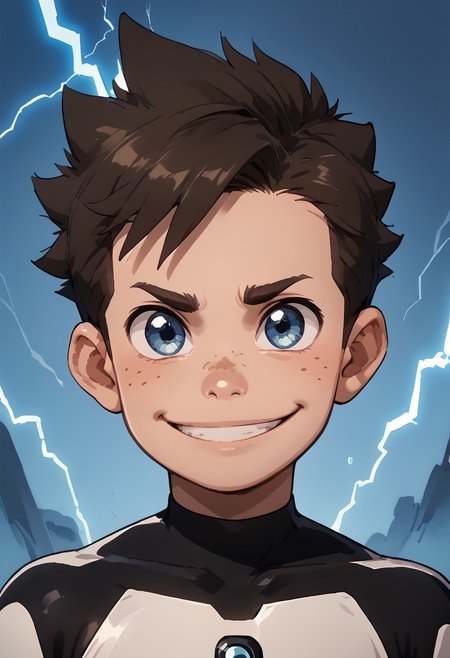 score_9, score_8_up, score_7_up, 1boy, solo, cute boy, Koji, Blue Eyes, Brown Hair, Freckles, Bodysuit, Smile, lightning, portrait,