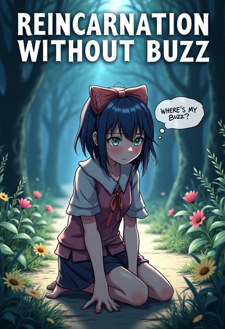 anime poster with big title "Reincarnation without buzz", fantasy world, sad confused girl on her knees, wearing rags, thought bubble that says "Where's my buzz?", aidmatextimprover,