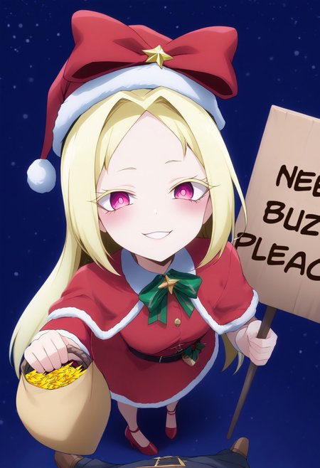 Expressiveh gesugao
1girl, evil smile, looking at viewer, dim, night, looks sexy, (revealing slutty christmassexyoutfit, hat, christmas, santa hat, santa costume, red high-heeled shoes, looking at viewer), long eyelashes, nero alice, long hair, blonde hair, red eyes, bow, hair bow, pink eyes, facial mark, forehead mark, blush, holding a sign with text: "Need Buzz Pleace",
pov much taller, perspective, feet, full body, (standing), from above, 