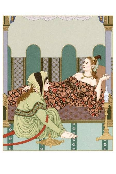 olgadugina1 illustration. 
Two women dressed in elaborate, historical Arab-style flowing garments with floral and geometric designs are inside a Middle Eastern palace setting. On the right is a woman lying on a luxurious bed adorned with intricate patterns. On the left is a woman, shown in side profile, sitting on the floor with her hands on her knees. A lamp is on the floor between them. White borders frame the scene. <lora:olgadugina2_cap_d6a3e9:1.0><lora:858099687511565727:0>