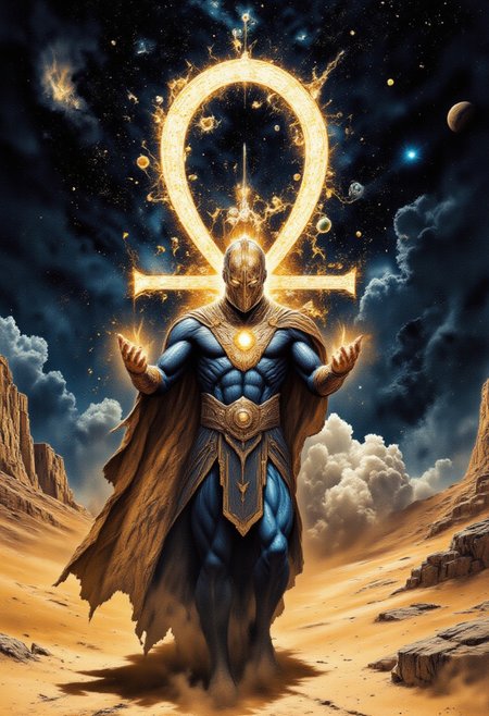 A high-quality, 8K, photorealistic close-up photo of Doctor Fate from DC Comics, wearing a golden mask and blue outfit, with a dynamic pose that showcases his magical powers. His hands are pulsating golden energy, and a golden cape flows behind him. His eyes glow with an inner light.
In the background, a colossal magical Ankh symbol towers above the sandy dunes of an ancient desert with a magical glow that emanates from a dark starry sky, filled with cosmic elements like stars, planets, and galaxies, <lora:WatercolorExposure-000007:1>,
with a subtle fog and a faint, glowing, creating an epic, majestic, and ethereal atmosphere. The image is a masterpiece of fantasy art, perfect for a cover art, with a dreamy and painterly quality.
DB4RZ, DB4RZ style painting, Jedwtrexp, watercolor,
Perfect hand,
