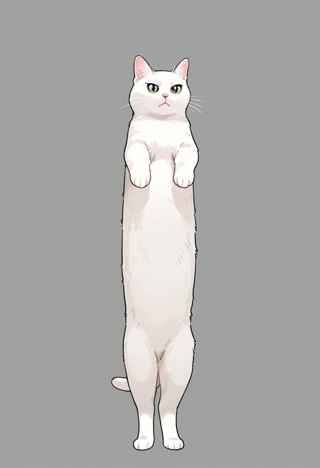 longcat (meme), animal focus, cat, simple background, no humans, animal, white fur, solo, grey background, standing, meme, full body, white cat, 
masterpiece, best quality, amazing quality, very aesthetic, absurdres, 
 <lora:concept_longcat_Illustrious_V2L:0.4>