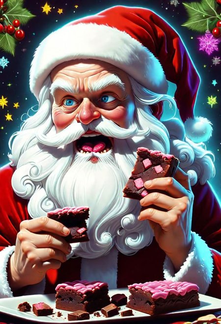 cute cartoon psychedlic santa claus eating some brownies detailed, sharp focus,  DonMN30nChr1stGh0stsXL