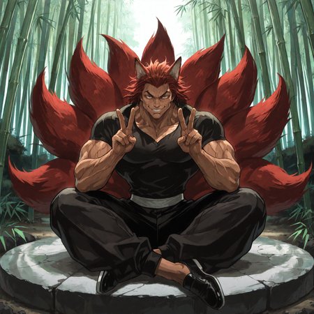 masterpiece, best quality,newest, amazing_quality,<lora:spo_sdxl_10ep_4k-data_lora_webui:1> <lora:NOOB_vp1_detailer_by_volnovik_v1:1>1boy, solo, Yujiro_Hanma, male focus,  black shirt, muscular male, (dark_skin:1.2),red hair, manly, black pants, black footwear, veins, manly,brown eyes, pupils, ((very muscular, very toned:1.2)),bad proportions,looking at viewer, from front,full body,straight-on,pupils, brown eyes,  <lora:Char-Yujiro_Hanma-IllustriousV3:.8>crossed legs, sitting, bamboo forest, fox ears, kitsune, fox_tails, multiple_tails, double v, sitting_on_rock, looking at viewer, ((9_tails:1.2)),many tails, very serious, hunched over,smug, smirk, evil grin, happy, red tails,