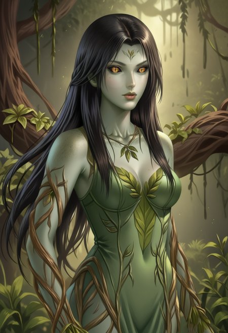 score_9, score_8_up, score_7_up, SulfS-L0fDAO, 1girl, solo, green skin, black sclera, monster girl, yellow eyes, slit pupils, covered in vines,
half body, dryad clothes, dynamic pose, wind,
detailed background, gradient background, green theme,
<lora:The_Lady_of_the_Forest_Dragon_Age_Origins:0.7>,   <lora:Artist_Style_-_Alexander_Dinh_PDXL:1> alexanderdinh-dh,