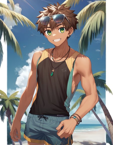 score_8, score_8_up, score_7_up, score_6_up, source_anime, outdoors, palm tree, day, cowboy shot, 1boy, solo, brown hair, green eyes, tank top, shorts, necklace, tan, smile, sunglasses on head <lora:rukiruki_AMXL_v1e-ShoAI:0.5> <lora:nayoshi-amxl-v5f-ShoAI:0.7>