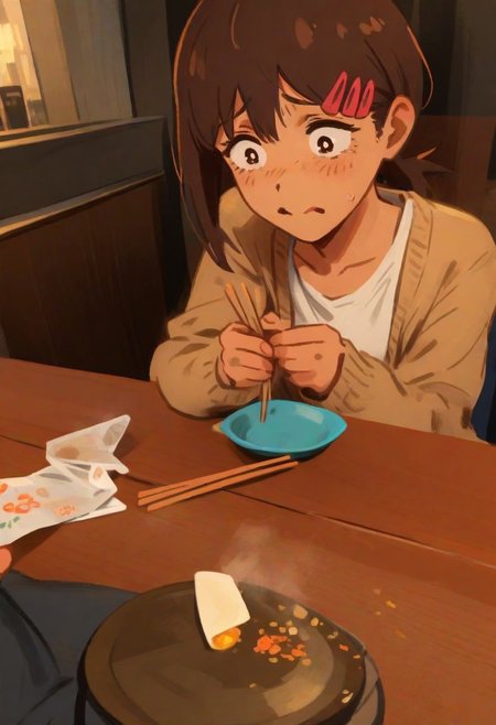 <lora:Khyle. v3:0.8>, pov, pov across table, sitting, (sad over half broken disposable chopsticks),
Higashiyama_Kobeni, white tank top, cardigan, open cardigan, jeans, 
masterpiece, best quality,