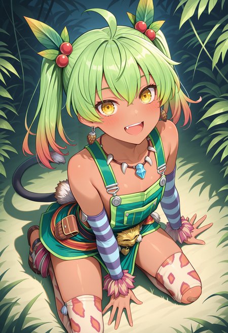 highres, best quality, masterpiece, jungle, 
1girl, solo, ys8rico, green hair, gradient hair, twintails, dark-skinned female, yellow eyes, leaf hair ornament, hair bobbles, ahoge, earrings, flat chest, fang,
riys8def, green overalls, overall skirt, bare shoulders, jewelry, tooth necklace, detached sleeves, striped sleeves, arm warmers, red clothes around waist, pouch, tail, bandaid on knee, buckle, print thighhighs, animal print,
looking at viewer, blush, smile,
kneeling, from above, upper teeth only, 
<lora:_ricotta_ys8-elesico-ilxl:1>