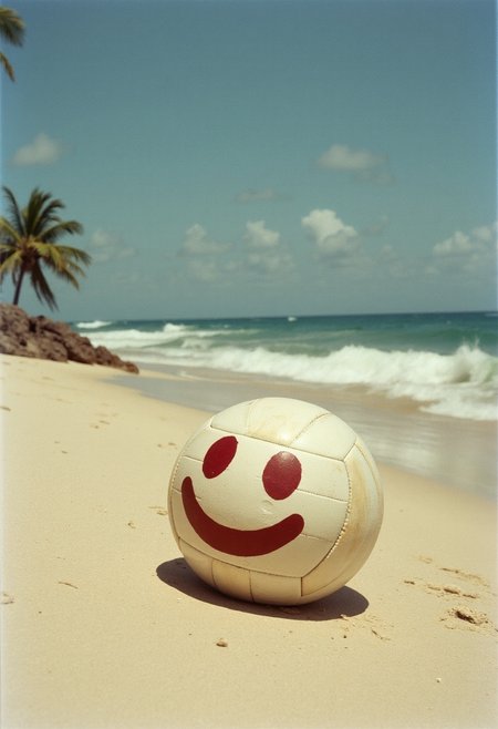 vintage 1970s lifestyle photo of a volleyball ball with a dark red smile emoji painted on it lying on a stranded deserted island, shot on a kodachrome analog film, beach, waves, horizon, sand, palm tree, windy day,
<lora:SameFace_Fix_FLUX_[VadimFedenko]:-0.6>