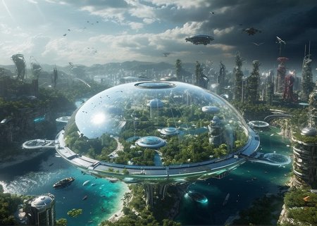 Scenic view from ((Floating, transparent platform:1.10) above the city, ) looking down into futuristic (eco-friendly city:1.17) nestled within (pristine alien landscape:1.16), (sustainable architecture:1.15) blending seamlessly with (natural surroundings:1.14), (giant transparent dome:1.13) encasing (luminous city center:1.12), (elevated transport lines:1.11) crisscrossing (skybridge:1.10), (public hovercraft:1.09) zipping by, (flying cargo drones:1.08) delivering goods, (solar panels, |}wind turbines,  harnessing (planet's natural energy:1.07), (green spaces:1.06) interspersed with (modern structures:1.05), (alien wildlife:0.94) roaming freely, (distant planets visible:0.93), (soft, colorful light:0.92) emanating from (city's organic curves, |}glowing architecture (peaceful atmosphere:1.18), (harmony with nature:1.16), (innovative design:1.15), (utopian vision:1.14), (protecting the environment:1.13), (eco-friendly innovation:1.12), (celestial backdrop:1.11), intricate, bioluminescent gardens, ancient, ruined structures in the distance, futuristic, self-sustaining farms, (trending:1.07) (high image quality:1.08), (RAW:0.99),subsurface tering,(high resolution photograph:1.28),high definition,  <lora:sdxl\zy_Realism_Enhancer_v1.safetensors:0.85:0.18>  p13,s1