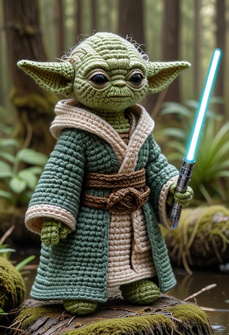 a crocheted yoda wielding a lightsaber, wearing a jedi robe, star wars, set in a swamp, cottage, Masterpiece,best quality, photo, realistic, very aesthetic, detailed face,