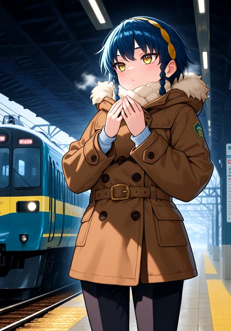 1girl, <lora:atobera_sn119:1>, tbzuma, yellow eyes, hairband, brown winter coat, wool pants,
 train station, freezing, cold, train, cowboy shot,
high resolution, ultra-detailed, absurdres, masterpiece, best quality, good quality, newest,