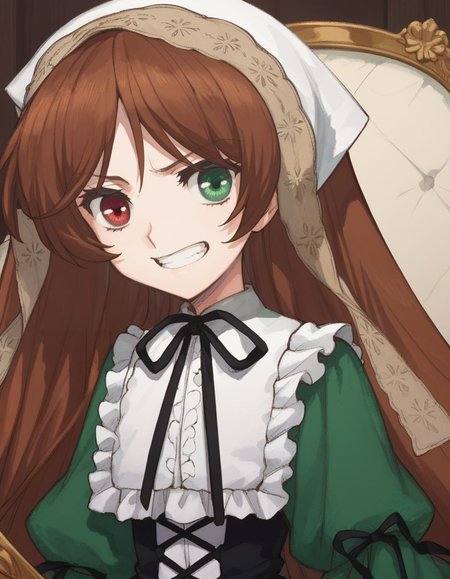 score_9, score_8_up, score_7_up, masterpiece, 
<lora:FSR:1>, seiza, upper body, female child, solo, evil, grin, bedroom, eyes in shadow, face close-up, 
fsr,  <lora:suiseiseki.pony:1>, suiseiseki, doll joints, bonnet, head scarf, ribbon, green dress, corset