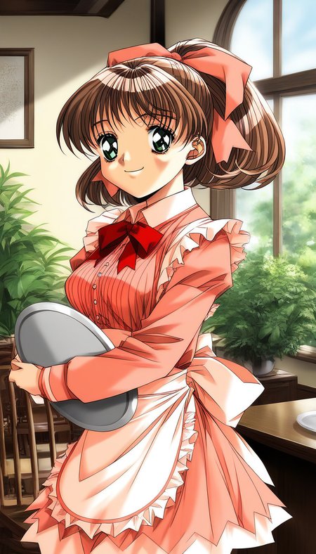 score_9, score_8_up, score_7_up, source_anime, rating_explicit, BREAK <lora:Sunohara_Suzuha_XL:1> Sunohara_Suzuha, brown hair, green eyes, red bow, hair bow, medium hair, ponytail, medium breasts,
 1girl, solo, long sleeves, indoors, retro artstyle, smile, dress, tray, holding, 1990s (style), chair, table, window, holding tray, looking at viewer, waitress, v arms, plant, pink dress, pink bow, apron, bangs